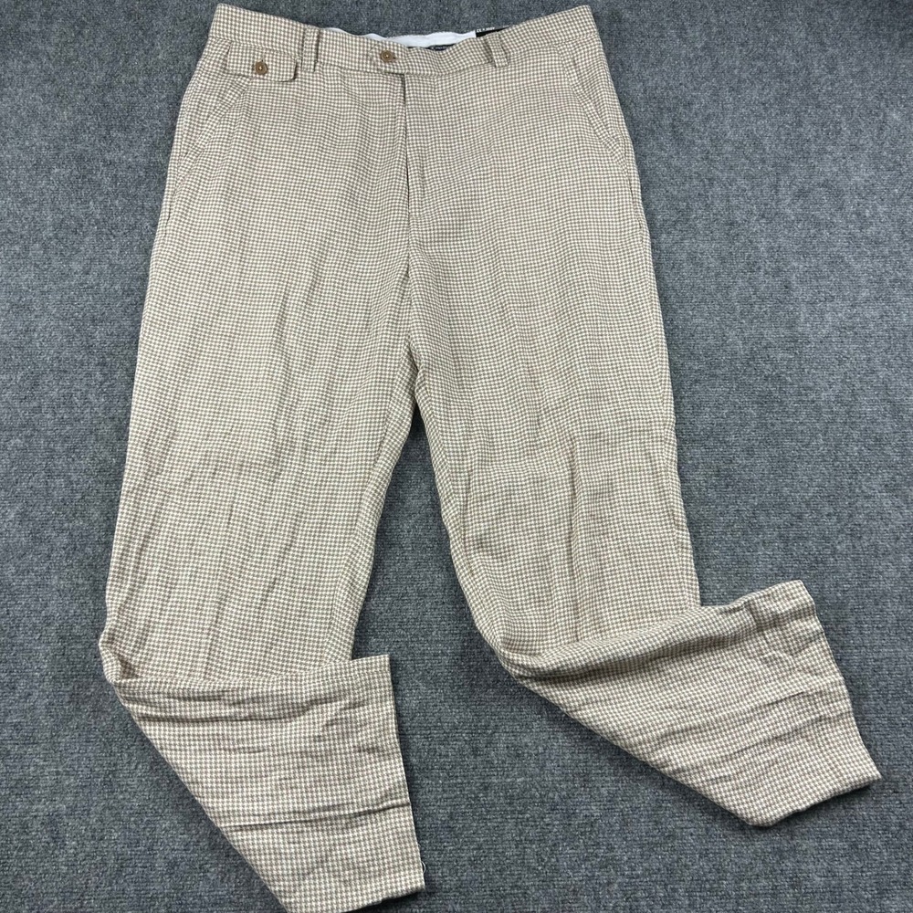 Stacy Adams Pants Mens 40x32 Tan Houndstooth 100% Linen Flat Front New